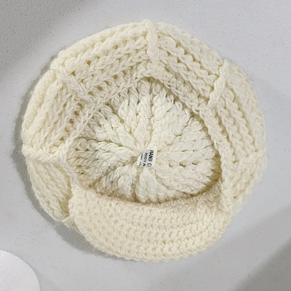 Vintage Hand Crochet Newsboy Cap Ivory White Pom Pom Knit Visor Hat Acrylic
